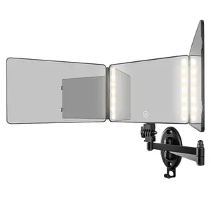 3 Way Mirror for Hair Cutting with LED Lighted, 360 Trifold with Height Adjustable Hooks, Rechargeable Wall Mounted Decor Makeup Mirror with Lights