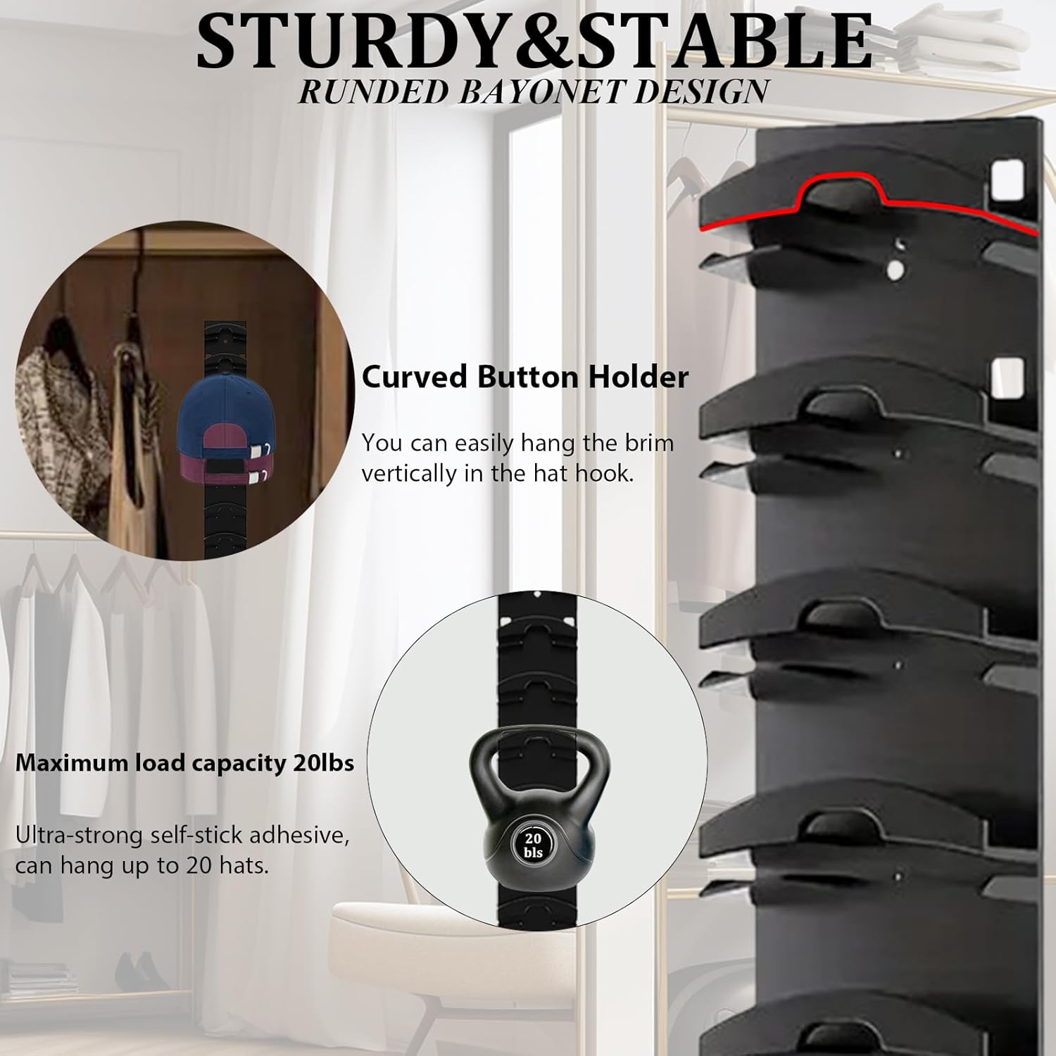 1 ps 10 Hat Organizer for Baseball Caps, Hat Rack for Wall with Strong Adhesive, Cap Organizer for Door, Bedroom, Closet (Black)