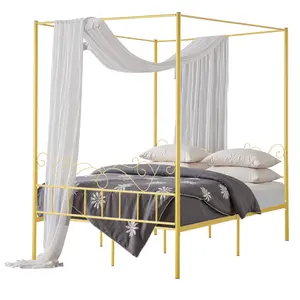 VEVOR Queen Size Metal Canopy Bed Frame, 4-Poster Minimalist Headboard, Heavy-Duty Steel Slats Support, Under-Bed Storage Space, No Box Spring Needed, Easy DIY Assembly, Gold
