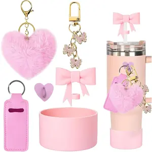Pink Bows Accessories for Stanley Cup 40&30oz Tumbler with Handle,Including Bow Straw Topper,Chapstick Holder, Boot, Keychain Charms,Straw Toppers for Stanley Cups(Pink) Bottle Drinkware Set Silicone