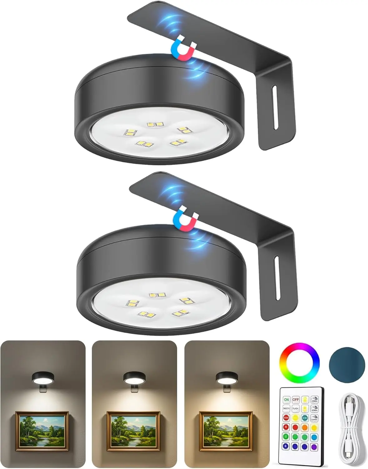 2 Pack Picture Lights for Wall,2000mAh Rechargeable Battery Poster Lights