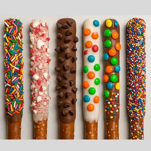 Chocolate Covered Pretzel Rods Gourmet Pretzel Sticks with Rainbow Sprinkles & Assorted Toppings Bulk 50 pack Individually Wrapped Chocolate Covered Pretzels