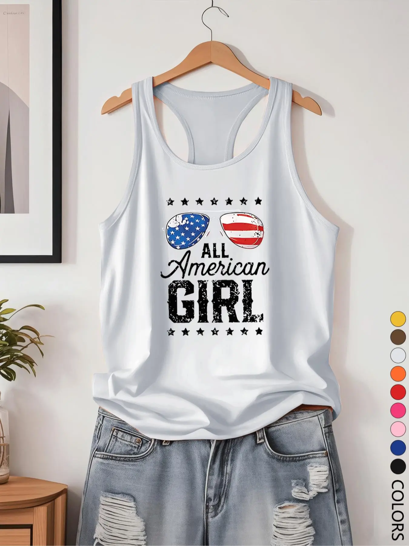 Women's American Flag & Letter Print Stretch Graphic Tank Top, Casual Sleeveless Printed Round Neck Top for Summer, Ladies Clothes for Daily Wear, Tanktop