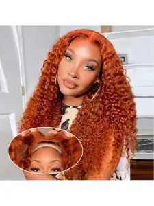 5x5 HD Lace Closure Wig - #350 Ginger Yellow Human Hair, Deep Wave Wet Texture, Glueless Curly Wig for Women, Pre-Trimmed, 180% Density, Easy & Natural Wear, Deep Wavy Wigs