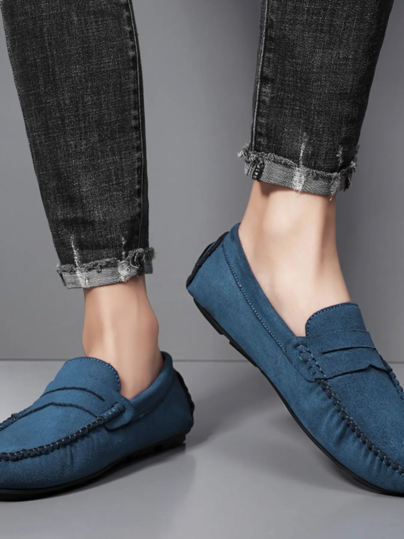 Men's Suede Penny Loafers, Hand-Stitched Slip-On Driving Moccasins, Comfortable Casual Shoes for Daily Wear, Driving & Streetwear