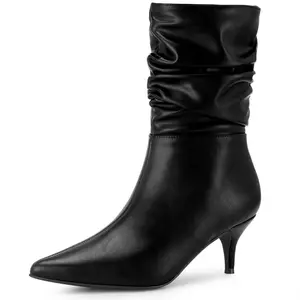 Perphy Women's Pointy Toe Slouches Kitten Heels Mid Calf Dress Boots 7 Black