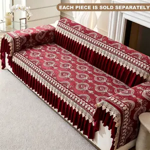 European Luxury Dark Velvet Sofa Cushion, All-Season High-Quality Lace Trim, Reusable Retro Style, Winter Sofa Cover