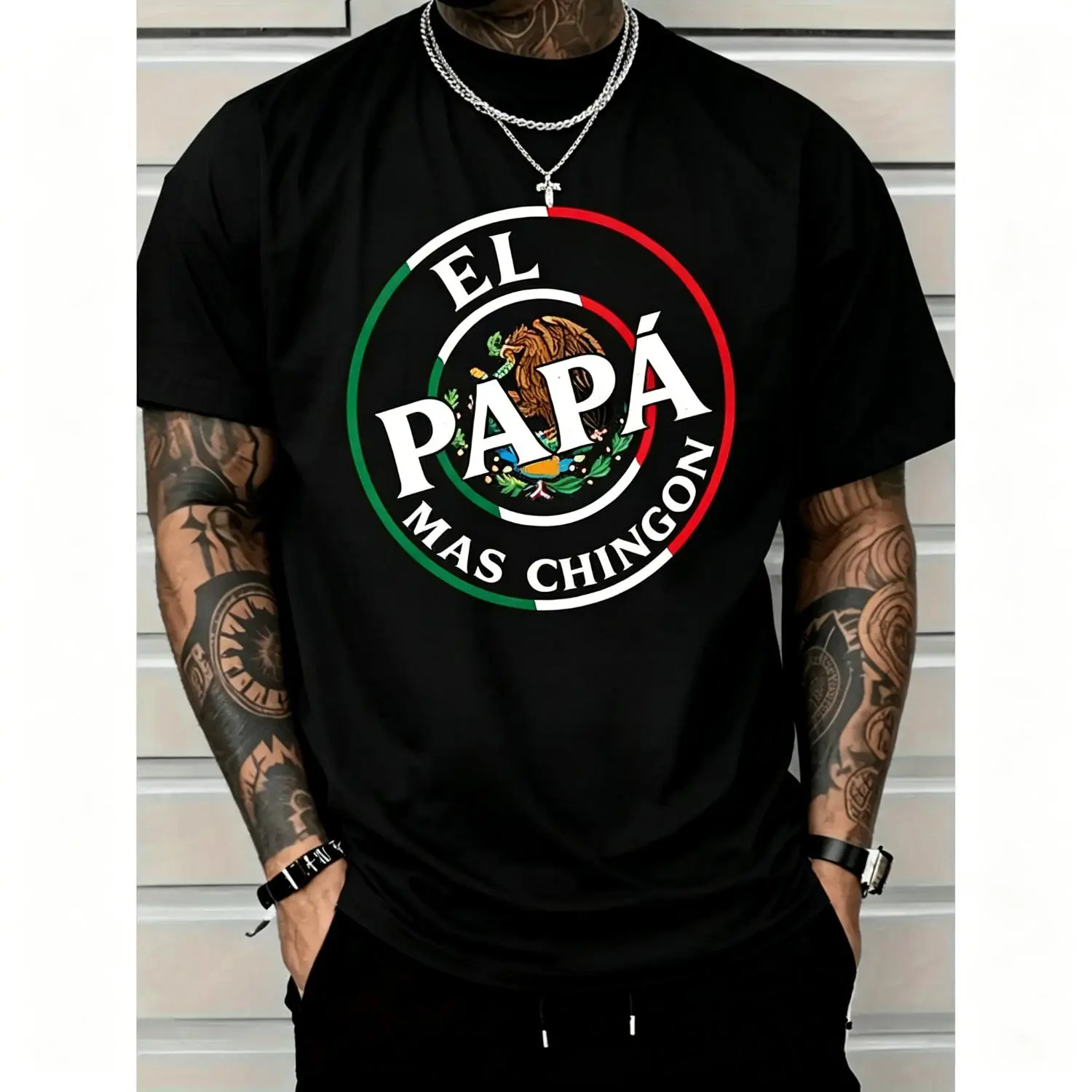 Father's Day El Papa Mas Chingon Funny Mexican Dad Premium T-shirt Funny men short sleeve graphic T-shirt series black huggy Streetwear Casual