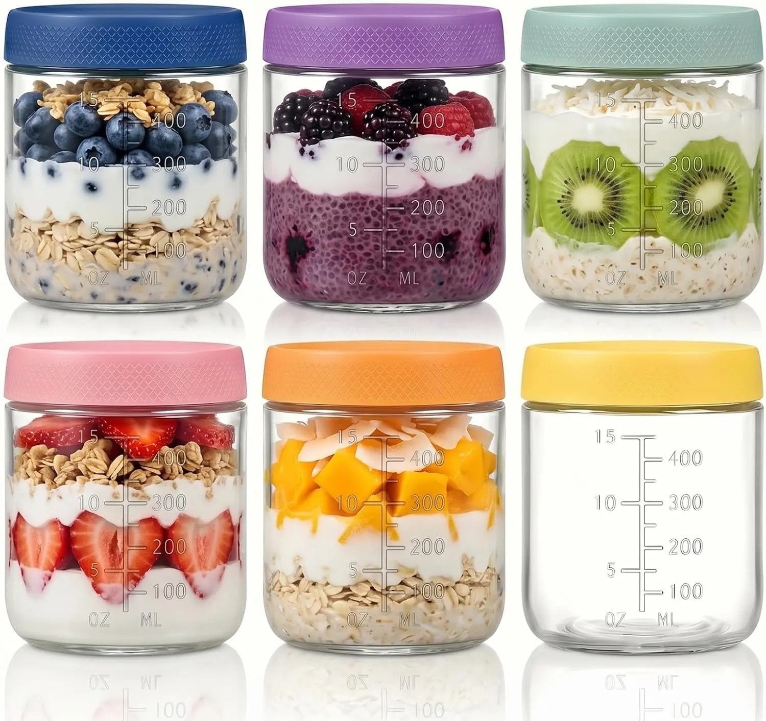 16 oz Glass Overnight Oats Jars with Lids, 6 Pack Airtight Leakproof Containers with Measurement Markings, Wide Mouth Glass Jars for Yogurt Parfait, Chia Pudding, Snacks, Meal Prep & Breakfast Storage