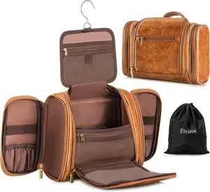 Travel Hanging Toiletry Bag for Women and Men,  PU Leather Toiletries Organizer, Water-resistant Bathroom Shaving Kit for Cosmetics, Makeup Case
