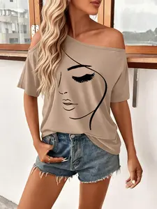 Plus Size Women's Abstract Print off Shoulder T-Shirt, Summer Fashion Loose Short Sleeve Tee for Casual Wear