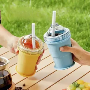 Food-grade silicone folding ice ball cup - dual-purpose ice water drinking cup. Two-in-one functional summer portable water cup with a straw.