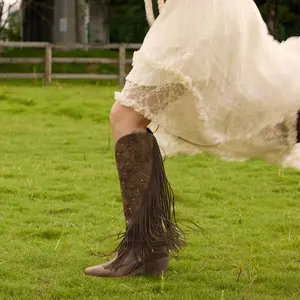 Wetkiss Retro Western Cowboy Cowgirl Boots Women Brown Knee High Boots with Star Studs Fringe and Chunky Heel ,Women's Shoes,Women's Boots  #TikTokShopHolidayHaul Footwear