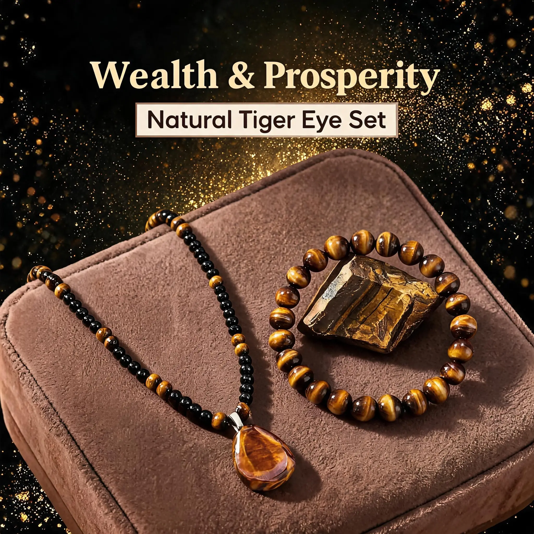 Male 2-Piece Natural Yellow Tiger Eye & Obsidian Jewelry Set - Durable Textured Stone Necklace, Bracelet Combo for Business Meetings, Negotiations to Boost Confidence, Sophistication