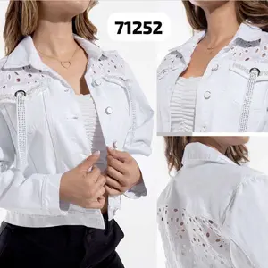 Colombian Luxury Denim Jacket with Rhinestones and Pearls 71252 Women's Fashionable White Jean Coat