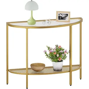 Glass Half Moon Console Table 2 Tier Narrow Entryway Table with Gold Metal Frames, Modern Couch Table Small Entry Way Tables, Easy Assembly, Clear Glass Gold Frames