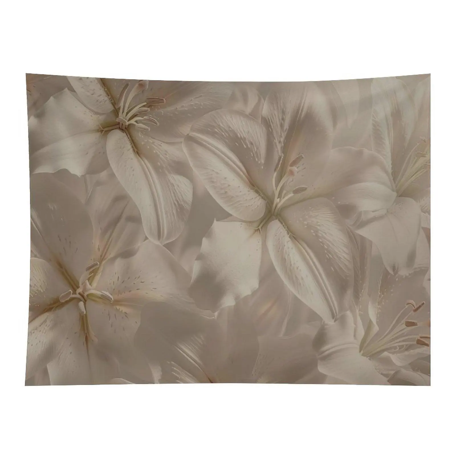 Elegant Soft Beige White Lily Floral Wall Tapestry Delicate Overlapping Lily Petals Gentle Neutral Aesthetic Wall Art For Bedroom Decor