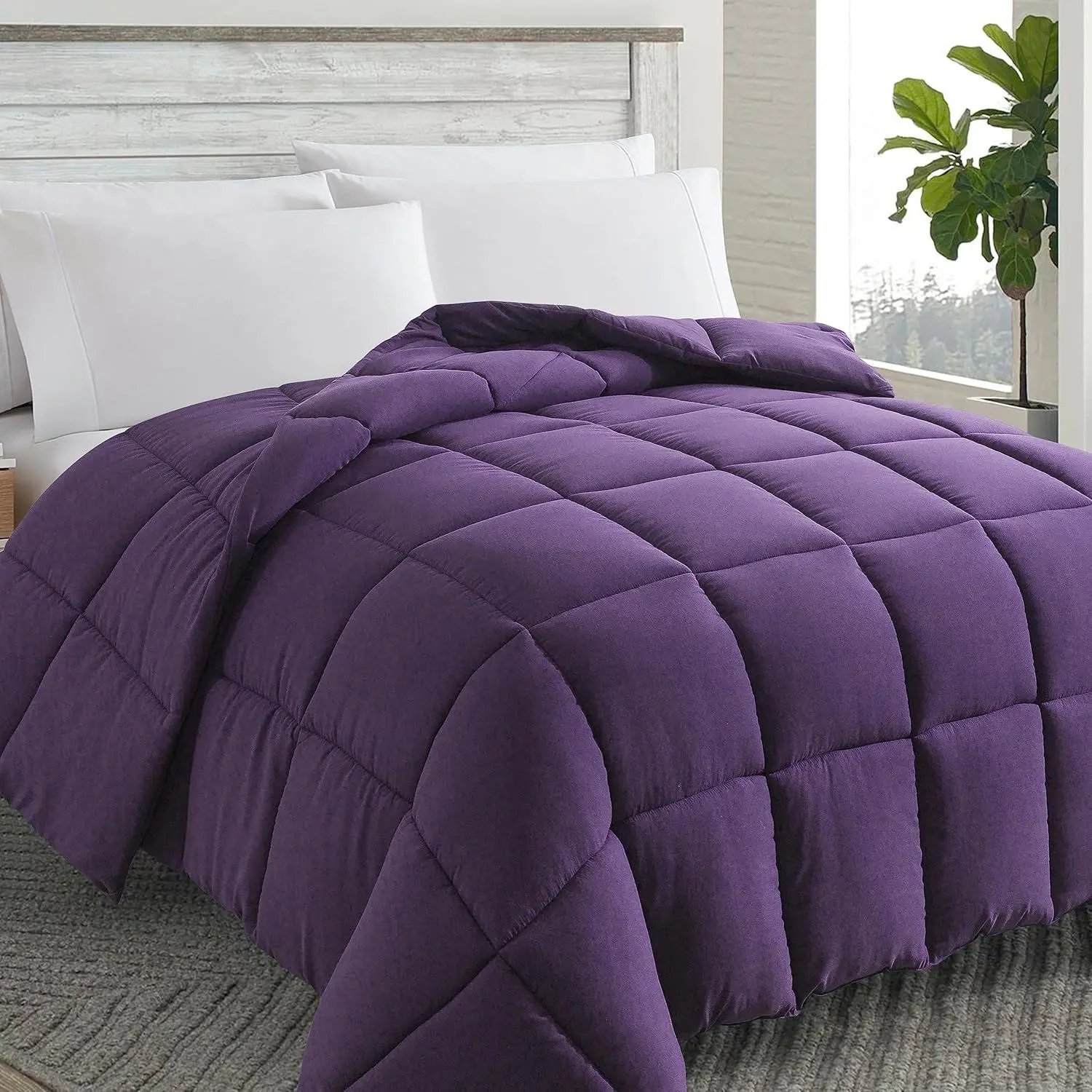 Soft, Skin-Friendly Microfibre Polyester Down Alternative Comforter (Purple, King, 102x90in) - Box Stitched Quilted Duvet Insert with Corner Tabs, Breathable Fluffy Texture, Machine Washable for Winter & Summer Use