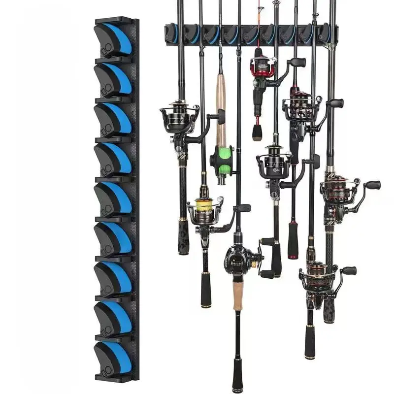 Vertical Wall-Mounted Fishing Rod Rack, Holds Up to 9 Poles or Combos, Fits 3-19mm Diameter Gear, Garage-Use Fishing Accessory