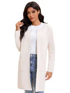 Women's Open Front Coatigan Sweater Long Sleeve Casual Knit Lapel Cardigan Coat with Pockets