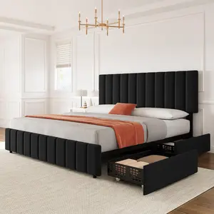 【Christmas Gift】Queen Size Bed Frame with 4 Storage Drawers, Linen Upholstered Platform Bed Frame, Adjustable Height Headboard, No Box Spring Needed, Easy to Assembly, Black