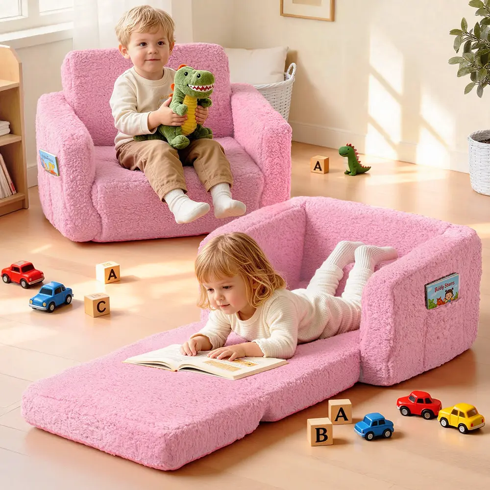 Toddler Couch - 2-in-1 Foldable Kid-Safe Sofa, Foldable Kids Couch, Toddler Chair Baby Convertible Sofa for Boys and Girls, Convertible to Lounger Ideal for Napping, Reading, Toddler Furniture, Kid-Safe Sofas, Pink