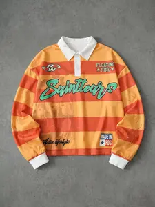 Men's Anime Striped Print Lapel Sweatshirt, Casual All-Season Streetwear, Loose-Fit Long Sleeve, Couples Fashion, Daily Wear, Menswear