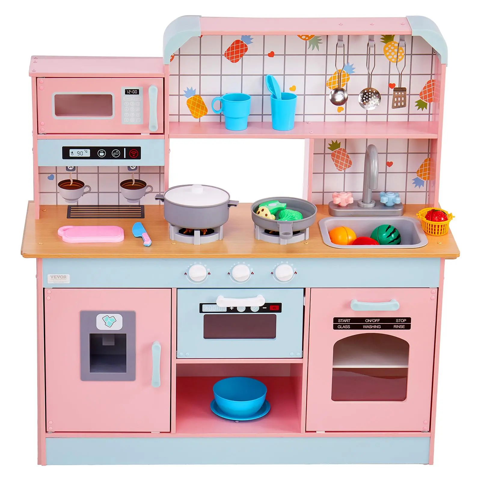 【SummerFinds】VEVOR Play Kitchen for Kids, Wooden Toy Kitchen Set with Lights and Sounds, Toddler Kitchen with Ice Maker, Oven, Sink, Microwaves, Fridge and Utensil and Fruit Accessory for Toddlers ages 3-8, Pink