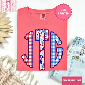 Custom Grandmillennial Floral Gingham Fourth of July Monogram Shirt ~ (Leave First Name Initial, Last Name Initial, Middle Name Initial in Notes at Checkout), Custom Name Shirt, Personalized Name Shirt, Custom Monogram Shirt, Monogrammed Shirt