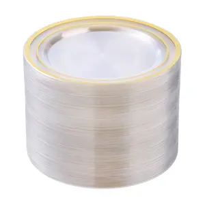 100PCS Clear Plastic Plates for Party, Disposable Plates with Gold Rim, Heavy Duty Dinner Plates for Wedding and Birthday