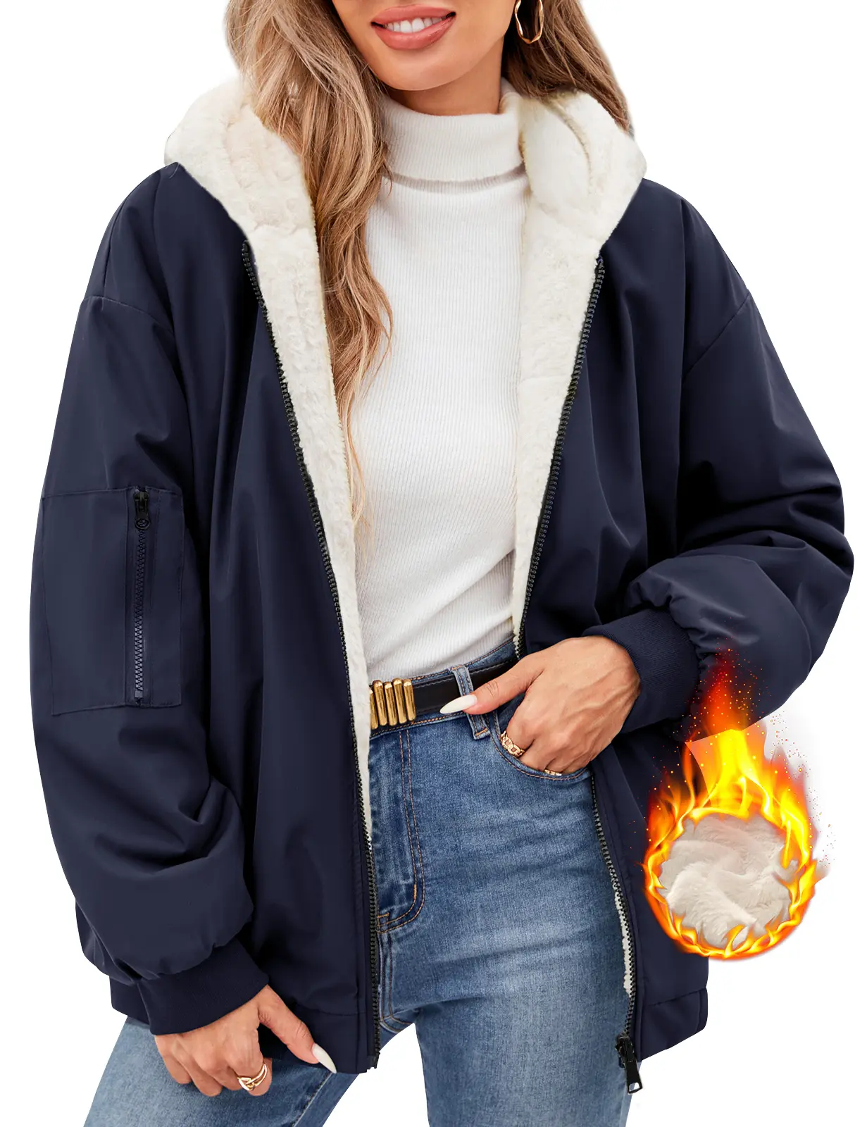HEEKPEK Women's Reversible Coat Warm Winter Hooded Fleece Lined Jacket Zip Up Outerwear with Pockets, Jackets, Style, Long Sleeve