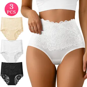QUASTI 3-Piece High-Waisted Elegant Lace Buttock-Lifting Women's Panties, Tummy-Slimming Brief, Soft and Breathable Fabric, High-Elasticity Womenswear, Sizes S-XXL
