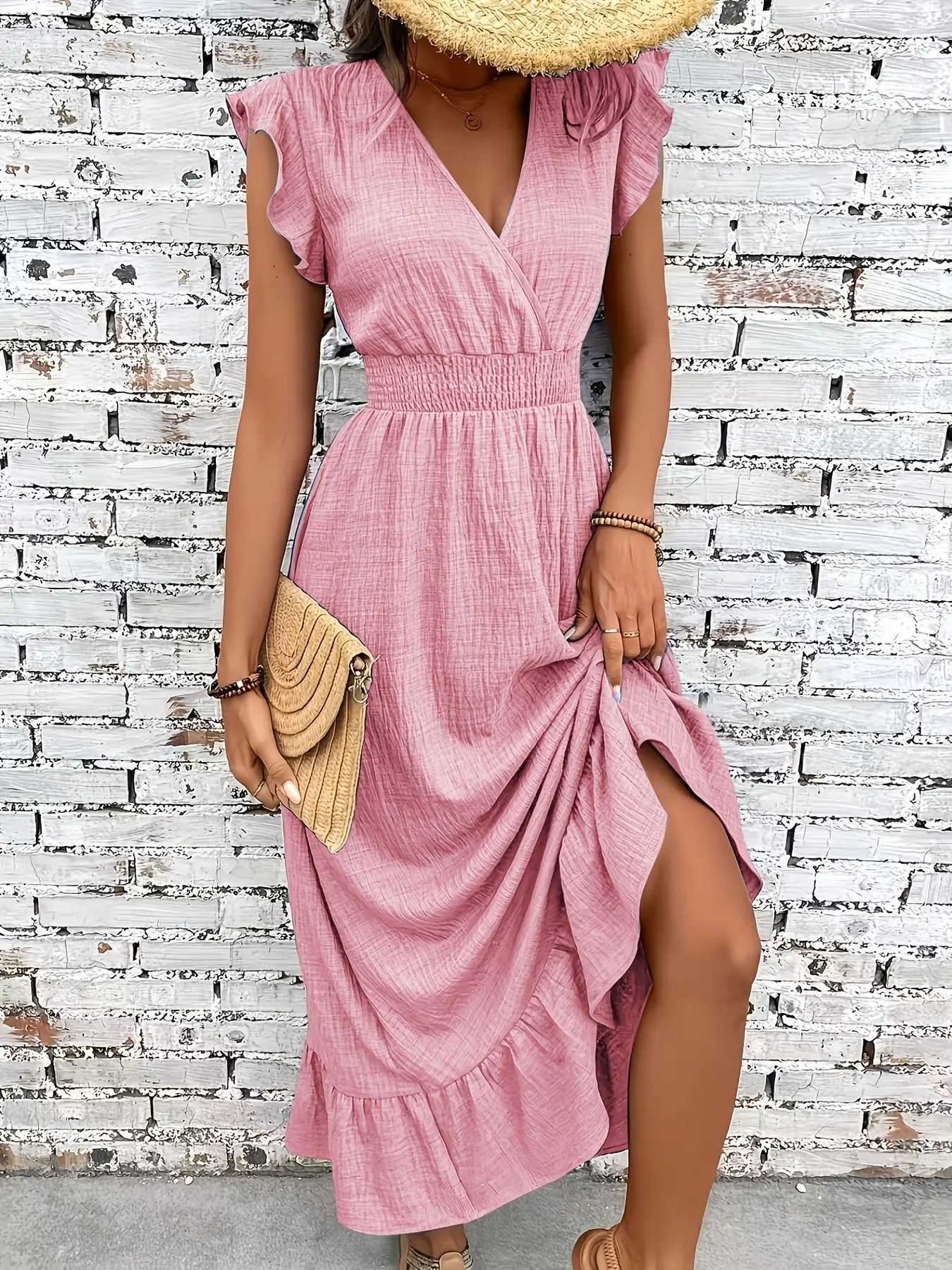 Women's Crinkled Poly Floor-Length Long Dress,Sage Green Boho Outfits with  Ruffle Cap Sleeves,V-Neck, Smocked Waist, Tiered Design, SummerBeach Casual  Sundress - TikTok Shop