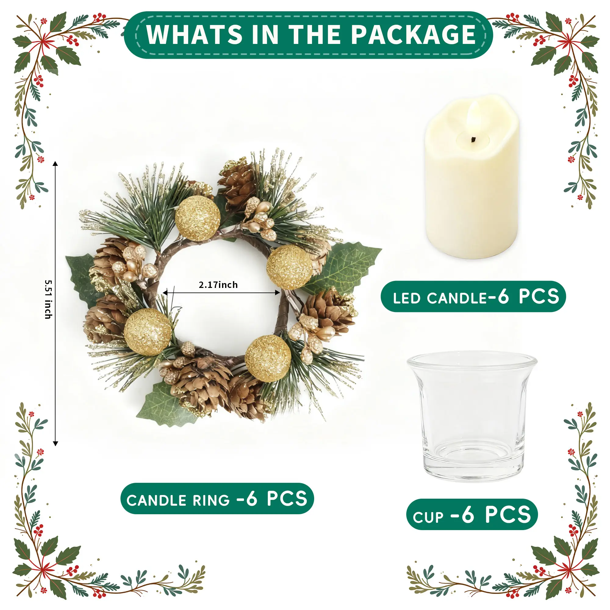 6pcs Christmas Candle Rings Wreath Xmas Kitchen Cabinet Mini Wreath Artificial Snowy Pine Candle Ring Holder for Christmas Chandelier Home Table Centerpiece Indoor Decor
