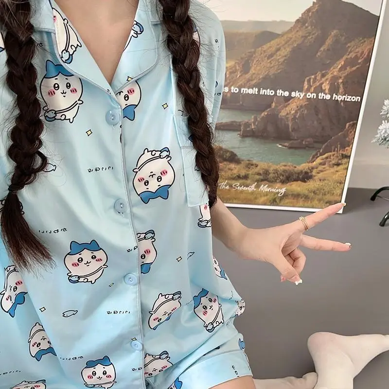 Girl's Cartoon Chiikawa Hachiware Usaqi Chiikawa Print Straw Pyjama Set - Cute Home Clothes, 2 Style Options: Short-Sleeved Shorts, Long-Sleeved Trousers, Two Styles