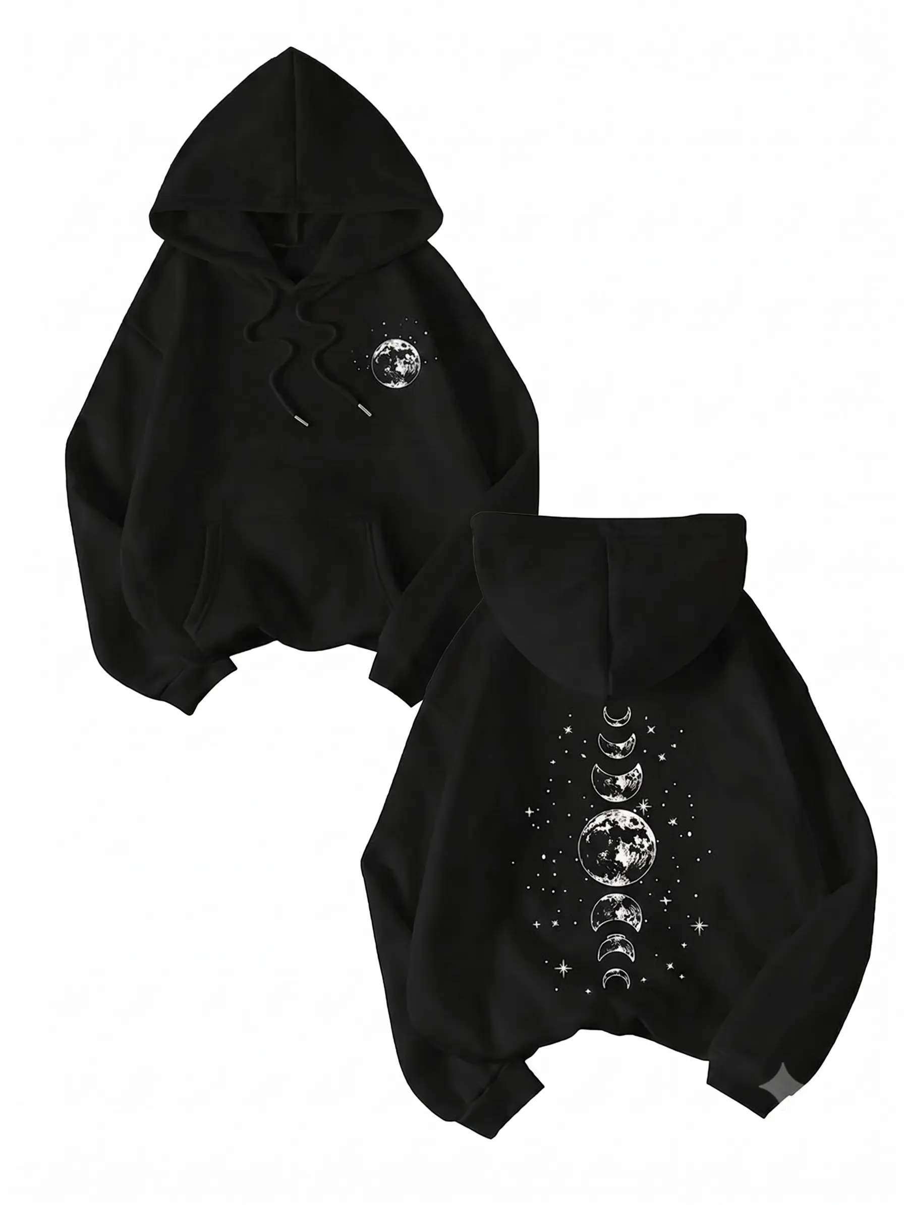 Men's Unisex Oversize Star & Moon Print Cotton Hooded Long Sleeve Sweatshirt Tops - Breathable, Comfortable Fabric - Fall Casual Pullover for Graduation, Back To School