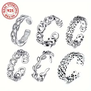 [6pcs Sterling Silver Toe Rings] 6pcs S925 Sterling Silver Toe Ring Set | Assorted Designs, Hypoallergenic, Nickel-Free, Comfortable, Adjustable Fit for Women, Fashionable, Personalized, Vacation-Inspired