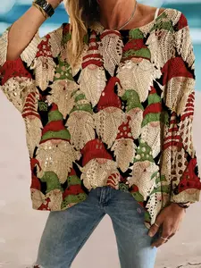 Women's Christmas Cartoon Print Long Sleeve Knit Top, Casual Elegant Vacation Style Sweater, Loose Batwing Shoulders, Spring Summer Fall