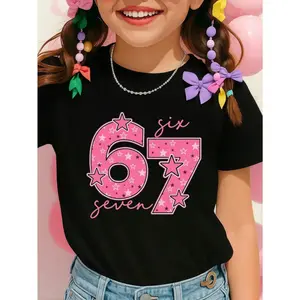 Kids '67’ Meme T-Shirt🎄 Y2K Pink Stars Graphic Tee, 100% Cotton Short Sleeve for Girls, Funny Six Seven Holiday Shirt, Merry Christmas Outfit, Cozy Winter Clothes, Cute Gift for Kids, 67 Hoodie & Top🎁