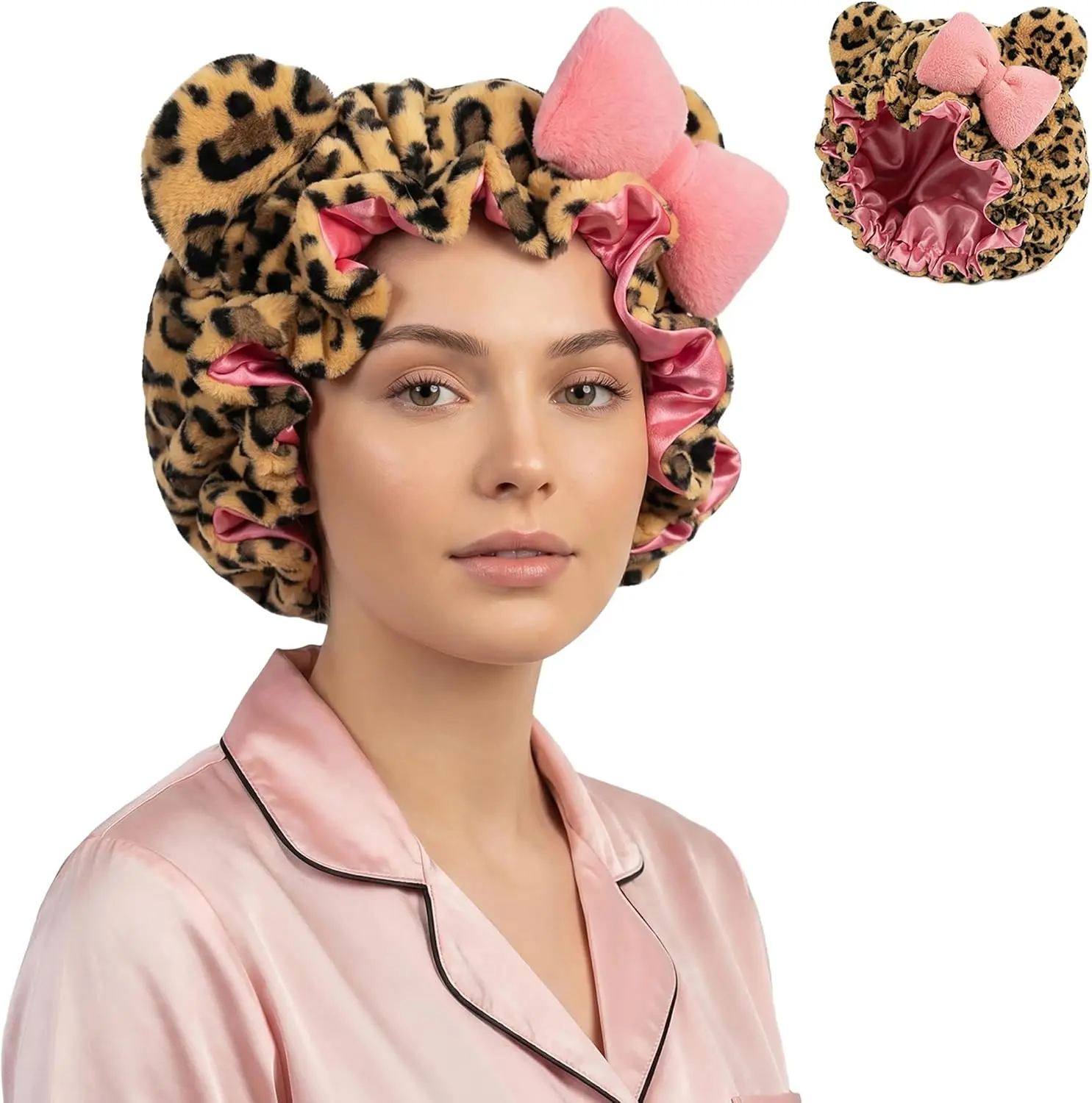 Cute Leopard Print Teddy Bonnet Sleep Bonnet for Women Soft Satin-Lined Spa Headband with Bow for Hair Protection