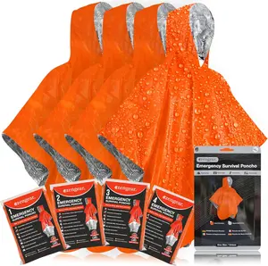 Emergency Rain Poncho Set (4 Pack), Waterproof Mylar Foil Ponchos with Hood, Lightweight Windproof Outdoor Gear for Camping & Hiking (Orange)