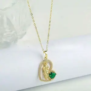 St Jude 18k Gold Inspired Prayer Necklace with Green Zirconia Pendant Unisex Copper Jewelry for Faith and Career Enthusiasts