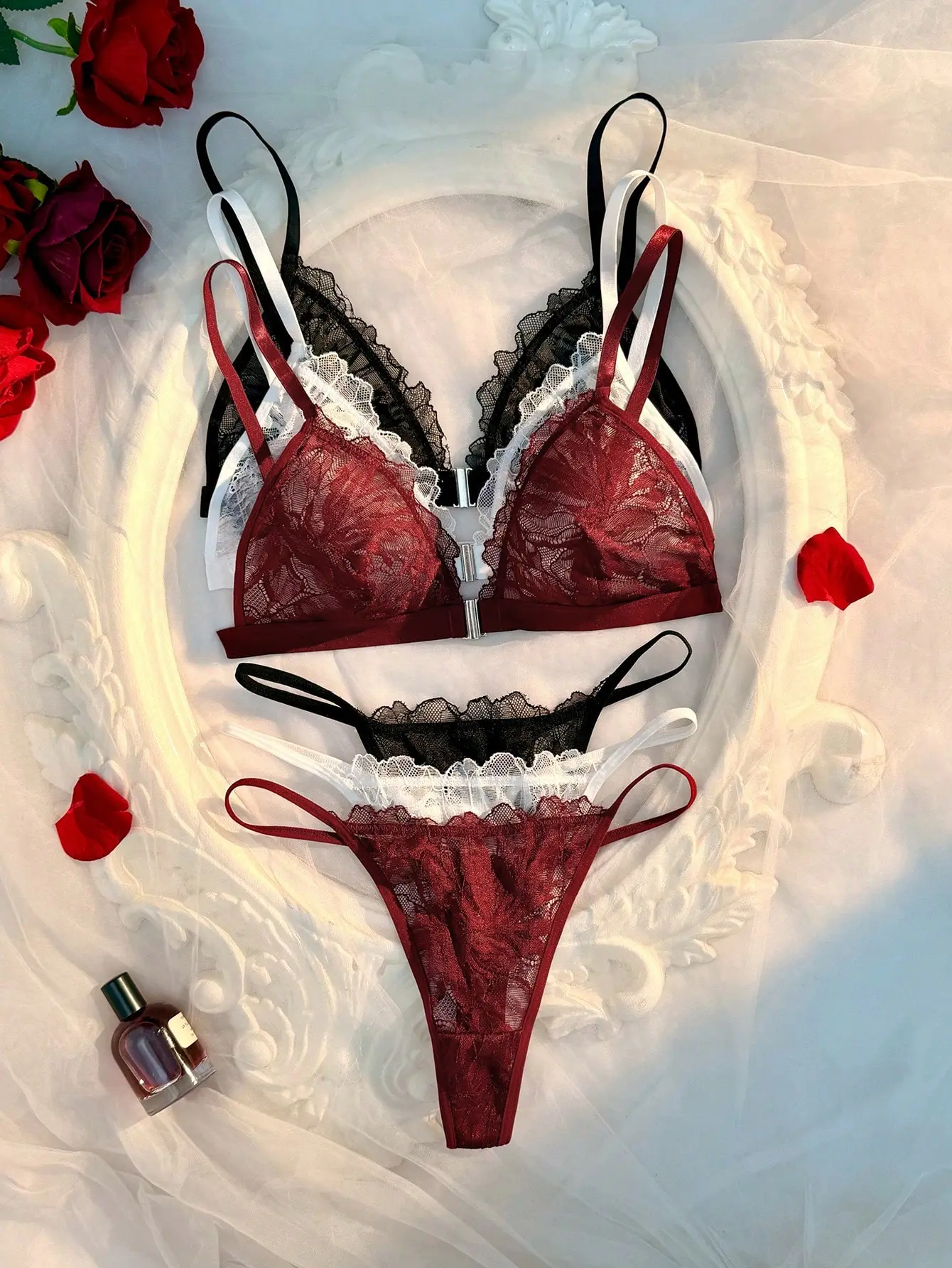 BOSSIE 6-Piece Sexy Lace Patchwork Front Closure Lingerie Set For Women Intimate Apparel Matching Underwear Set Nightwear