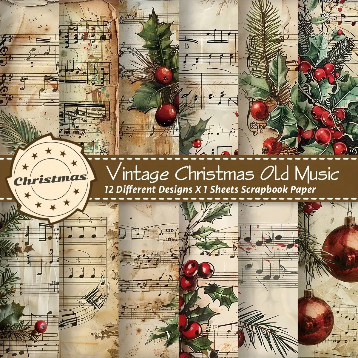 12pcs Vintage Christmas Sheet Music Scrapbook Paper, 6x6 Inch - Silent Night & Holy Night Hymns for Scrapbooking, DIY Cards, Origami & Junk Journals | Decorative Crafting Set