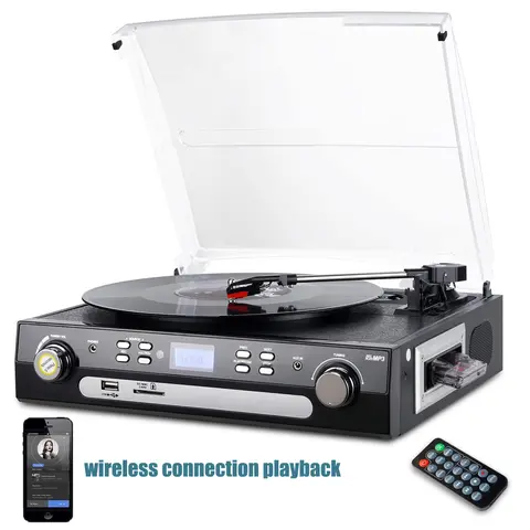 Bluetooth Record Player with Stereo Speakers, Turntable for Vinyl to MP3 with Cassette Play, AM/FM Radio, Remote Control, USB/SD Encoding, 3.5mm Music Output Jack(Black), Gifts for Friends & Family, Cassette Player