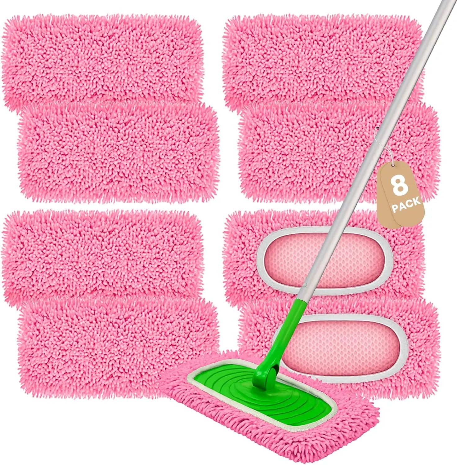 8-Pad Set Chenille Microfiber Mop Refills, Reusable Washable Wet & Dry Pads for 10"-12" Flat Mops, Compatible with Swiffer Sweeper for Hardwood, Tile Floors (Pink)