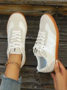 Women's Navy Blue & White Canvas Paneled Platform Sneakers Lace-Up Retro Logo Detail Chunky Sole Low-Top Walking Shoes Training Shoes Tennis Shoes Breathable Wear-Resistant Easy-Clean Non-Slip Lightweight Fashionable Casual Sneakers Trainer Shoes