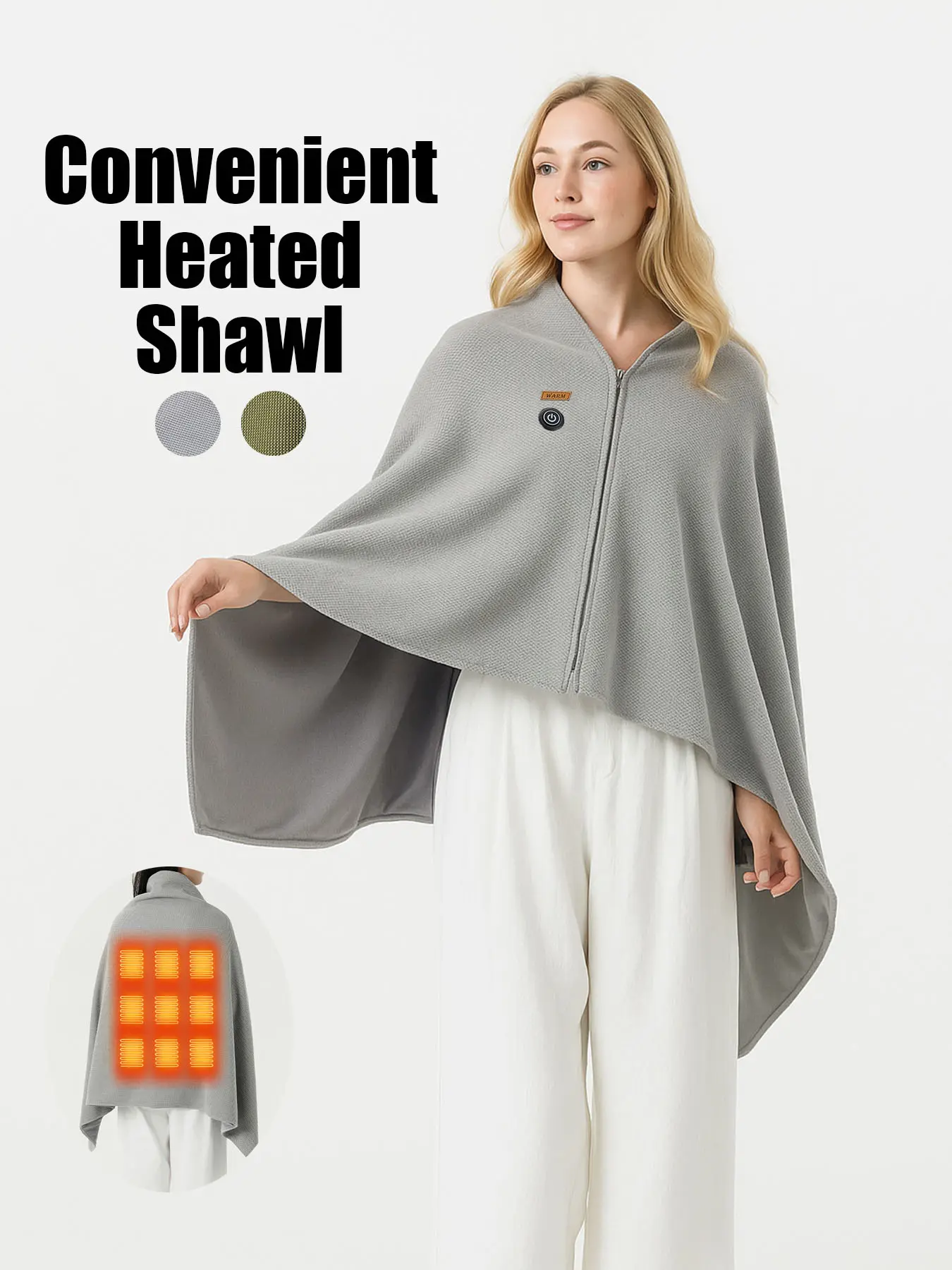 Multi-Color USB Portable Heated Shawl, 9 Zone Temperature Control Ultra Soft Corduroy Design, Unisex Home & Office Use