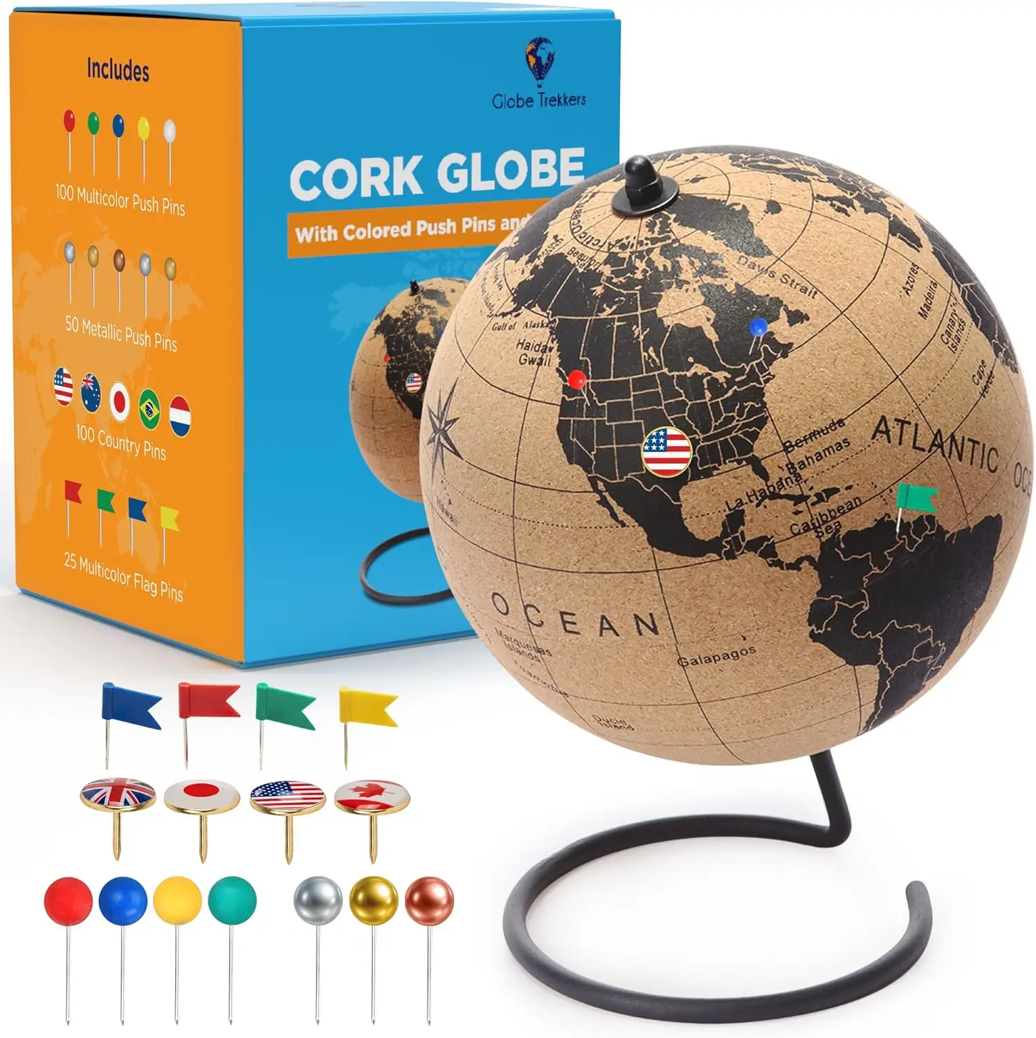 Cork World Map with Push Pins - 9.4in Rotating Stand, 100 Metallic & 100 Colored Pins, Educational Office Stationery for Adults' Home & Travel Use