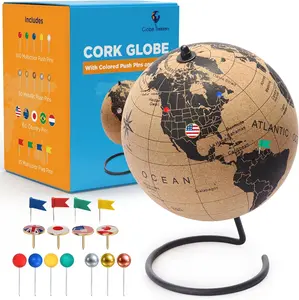 Cork World Map with Push Pins - 9.4in Rotating Stand, 100 Metallic & 100 Colored Pins, Educational Office Stationery for Adults' Home & Travel Use